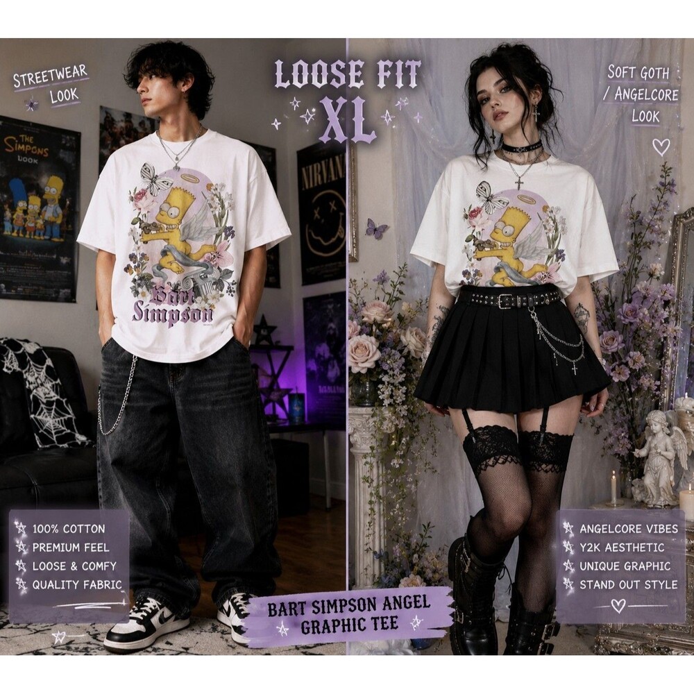 H&M The Simpsons Bart Men Women XL Angel Graphic Tee White Loose Fit Goth Floral